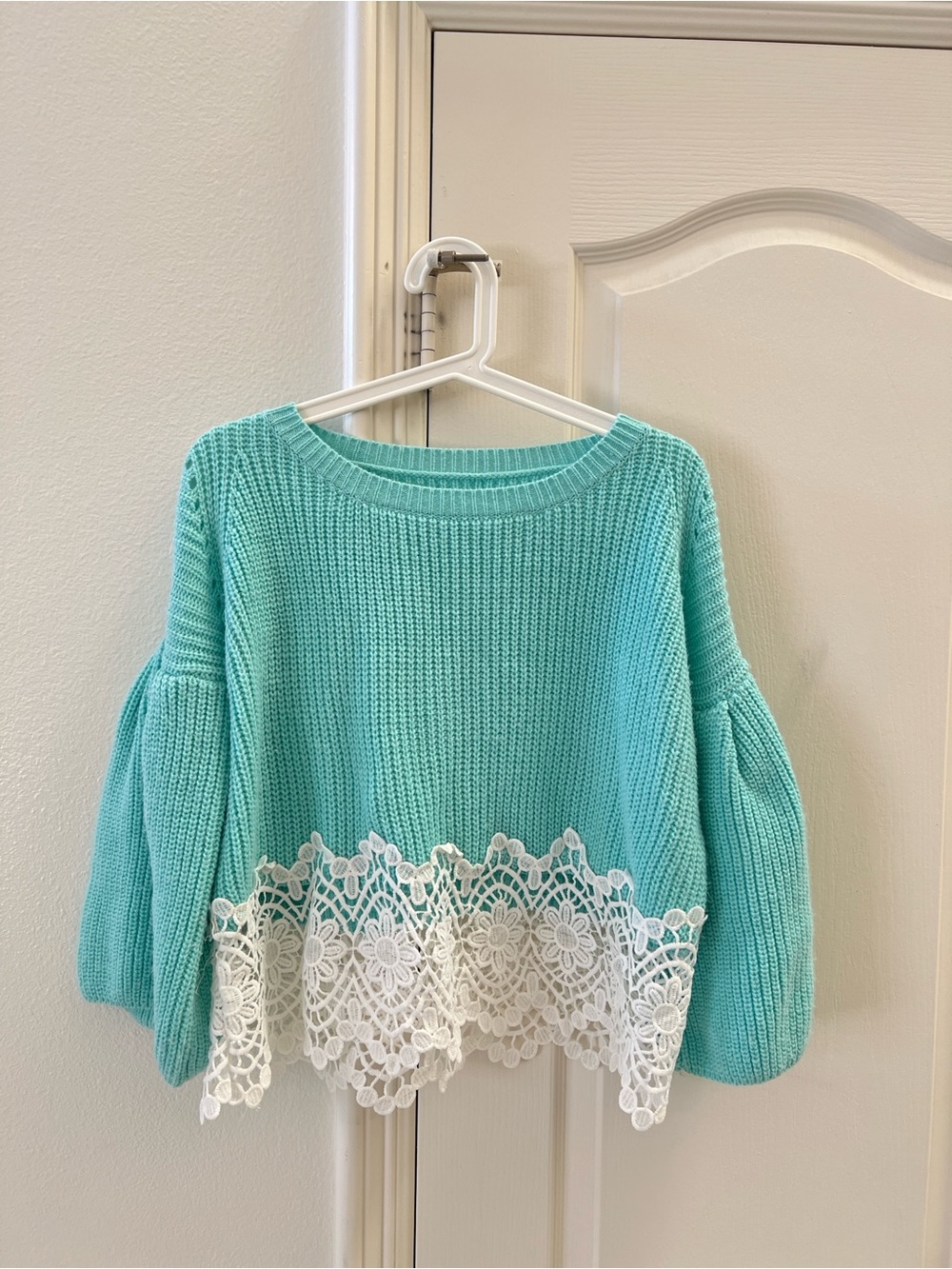 Aqua Lace-Hem Pullover Sweater